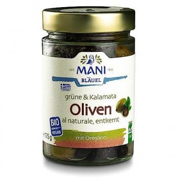 MANI Bio Entkernte Grüne & Kalamata-Oliven, al naturale, 175g Glas