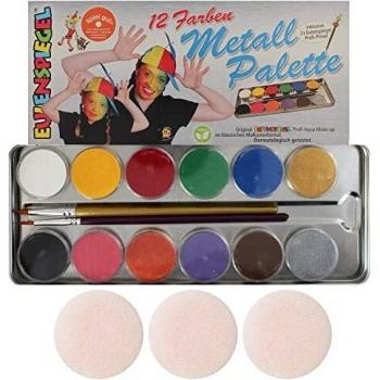Eulenspiegel Schminkpalette aus Metall mit 12 Farben und 2 Profipinsel