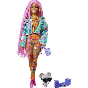 Barbie Extra Couture Doll – Floral Jacket & Joggers, Long Pink Braided Hair, DJ Mouse Accessory Pack