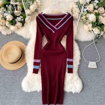 Robe Pull Femme Automne Hiver Gaine Col V
