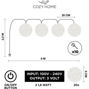 CozyHome Baumwollkugel‑Lichterkette – 20 LEDs, 6 m, warmweiß, Strombetrieb