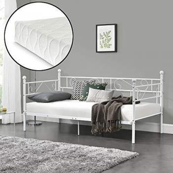 Canapé en métal lit double avec matelas Öko-Tex Standard 100 209 x 96,5 x 100 cm blanc