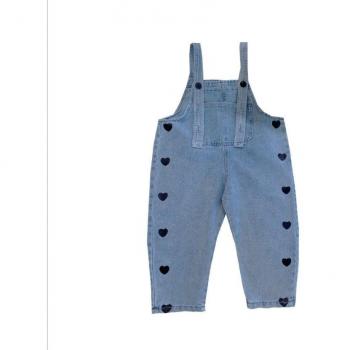 Salopette en jean ample pour filles, imprimé cœur noir