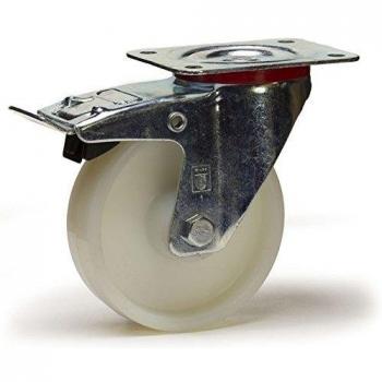 Roue en polyamide blanc avec roulette pivotante et frein, diamètre 125 mm