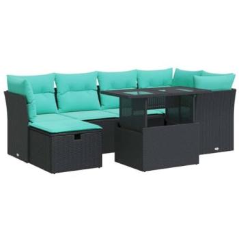Set terrazzo 7 pezzi, polyrattan neri, cuscini inclusi, stile acacia