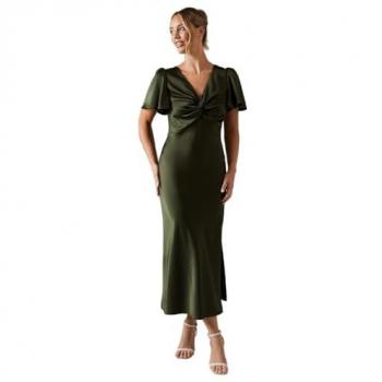 Green Oasis Satin Twist Front Angel Sleeve Bridesmaid Dress, Size 16 UK