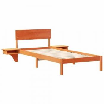 Lit queen size avec cadre en pin brun, tables de chevet assorties, 90x200 cm