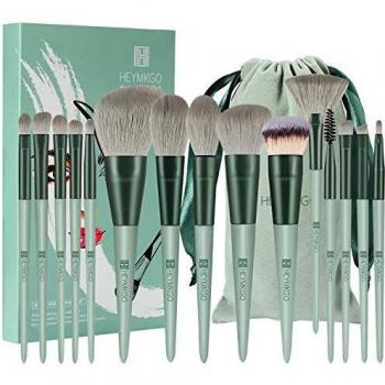 Makeup Brushes HEYMKGO 15pcs Makeup Brush Set Premium Synthetic Bristles Green Color Conical Handle Kabuki Foundation Brush Face Lip Eye Makeup Sets Professional with Portable Drawstring Flannel Bag