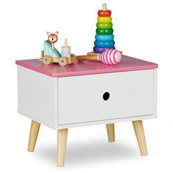 Kid-Friendly Bedside Table, 31x38x30 cm, with Storage Drawer, White and Pink, Wooden Design