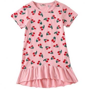 Conjunto de verano infantil, estampado de cereza, manga corta, vestido hasta la rodilla, tamaño 2-7 años