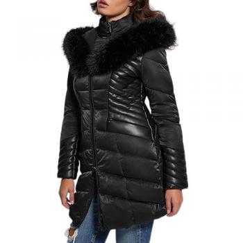Guess Faux Fur Hood Puffer Jacket, Women's Winter Jacket, Black, Size: L, Fashionable Quilted Design