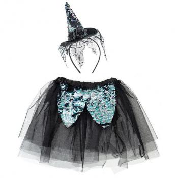 Disfraz infantil de bruja negro: Tutú y diadema con mini sombrero