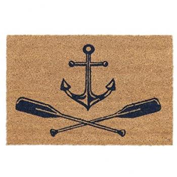 Nautical Themed Coir Mat with Anchor and Oars Motif, 40x60 cm, Slip-Resistant for Inside and Outside Use, Dark Blue/Natural