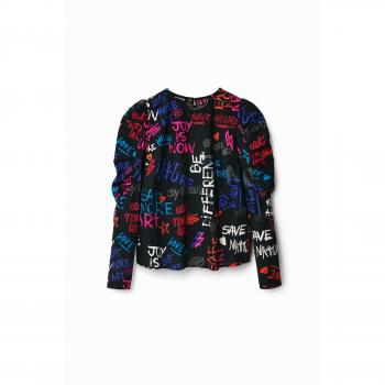 Desigual Blusa Cotton Preto com Texto Gráfico e Manga Abaixada tamanho S