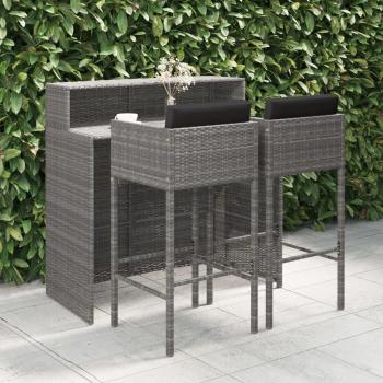 Set Bar da Giardino 3 pz con Cuscini Grigi in Polyrattan