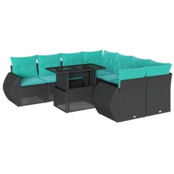 Rattan Patio Couch Collection – 9 Pieces, Black Cushions Included