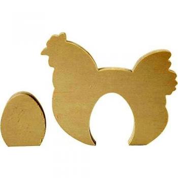 Poule avec œuf en bois, h: 7,5+16 cm, l: 6,3+19,5 cm, triplex, 1 set, épaisseur 2 cm