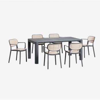 Ensemble Arnadine : table 180 cm × 100 cm et six chaises Omara empilables, couleur gris graphite