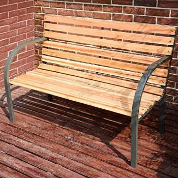 Rustic Wooden Slatted Metal Frame Patio Bench for Two