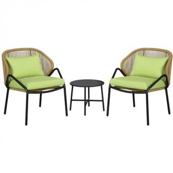 Set de Muebles de Jardín de Ratán, 3 Piezas, 2 Sillas y Mesa Auxiliar, Cojines de Asiento, Color Verde