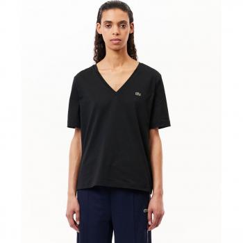 Short Sleeve Lacoste Femme Noir Logo Col V