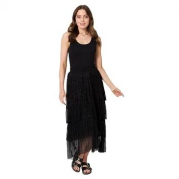 Tiered Metallic Midi Skirt, Black – Izabel London, Size 16