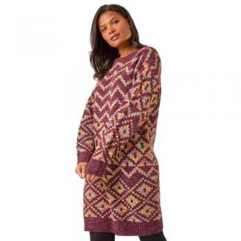 Jacquard Wine‑Red Geometric Jumper Dress