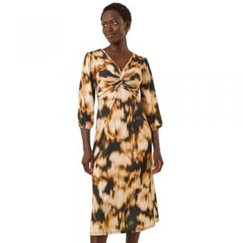Roman Abstract Twist Midi Dress – Tan, Female, 18