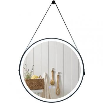 Miroir Ronde 60 cm LED Tricolore, Anti‑Buee, Suspension Cuir