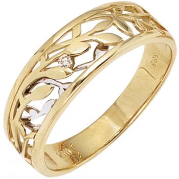 Damenring 585er Gold Gelbgold Weißgold bicolor mit 1 Diamant Brillant 0,02ct.