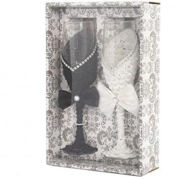 Chic Black‑White Crystal Wedding Champagne Glass Pair