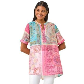 Roman Roman Tunique à motif rose et foulard, top à bouton de réparation immédiate