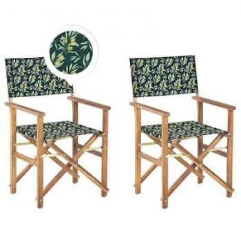 Set of 2 Garden Director's Chairs Light Wood with Grey Acacia Olives Pattern Replacement Fabric Folding