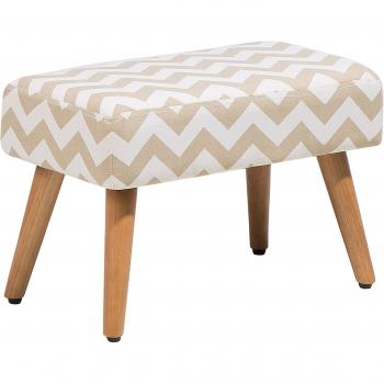 Beige Cotton Footstool with Wooden Legs and Chevron Pattern