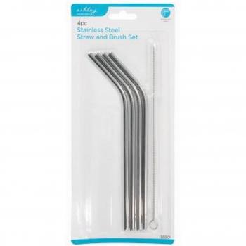 Ashley 4pc Silver Stainless Steel Straw and Cleaning Brush Set