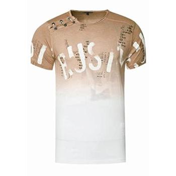 Rusty Neal Herren T-Shirt in Kamelfarbig – XL, verwaschen, mit Farbverlauf und Knopfleiste