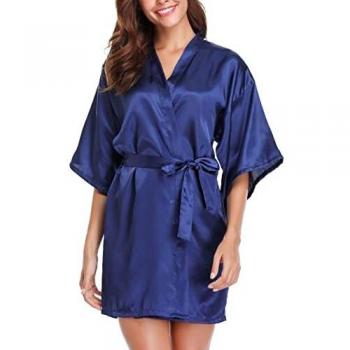 Vlazom Kimono Robe Damen Morgenmantel Kurzer Satin Bademantel Mit Gürtel V-Ausschnitt Kimono