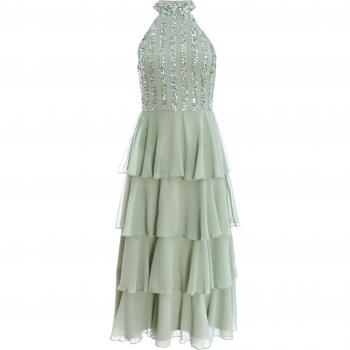 Green Embellished Chiffon Midi Dress