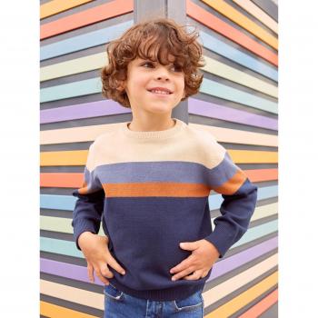 Pull rayé colorblock pour garçon en maille fine écru
