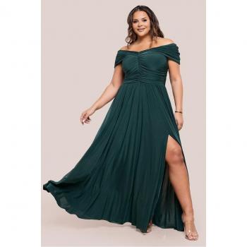 Goddiva Plus Emerald Bardot Maxi, Gathered Bodice & Front Split