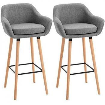 HOMCOM Set of 2 Bar Stools Modern Upholstered Seat Bar Chairs with Metal Frame, Solid Wood Legs Living Room Dining Room Fabric Furniture