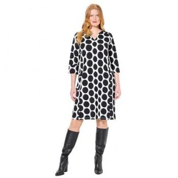 Ulla Popken Damen Übergrößen Punkte A-Linie Langarm Kleid in Weiß Größe 50/52