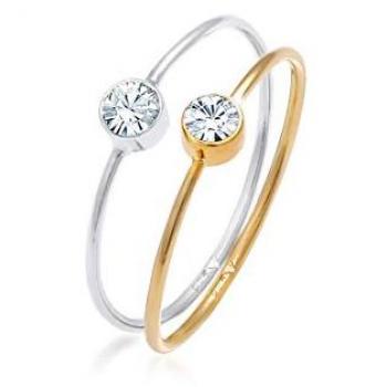 Set di 2 Anelli Solitari Bicolore con Cristallo in Argento Sterling 925 Placcato Oro