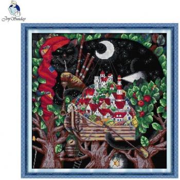 Joy Sunday Night Flute Black Cat Cross Stitch DIY