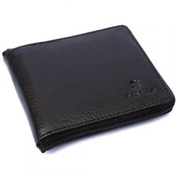 Classic Black Leather Bifold Wallet with Full Zip, Coin Pocket, Card Slots