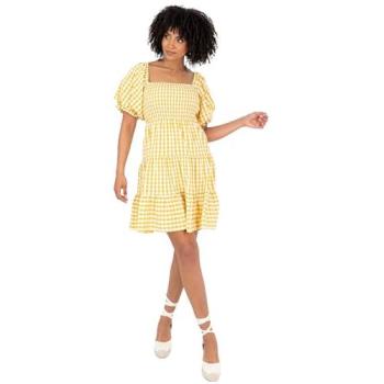 Lovedrobe Women’s Yellow Gingham Mini Dress, Puff Sleeve & Milkmaid Cut – Size 20