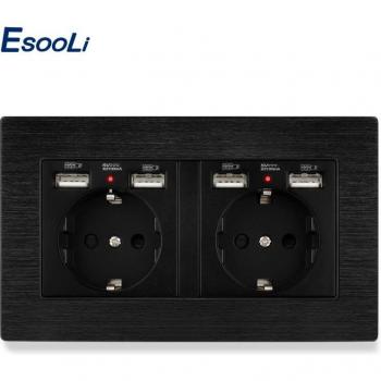 Esooli Black Aluminum EU Wall Socket with 4 USB Ports and LED Indicator