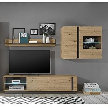 Lomadox TV-Wohnwand 3‑Teil inkl. Beleuchtung CARDIFF-61, Eiche Artisan Nb., abgesetzt in Graphit grau – Braun,