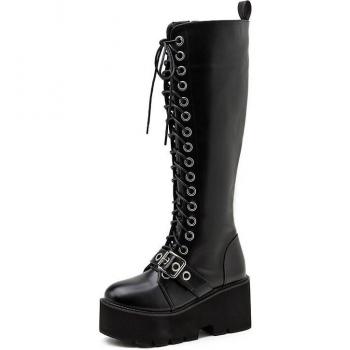 Bottes de nuit noire à lacets, cuir, hauteur de genou, semelles plates, talons épais