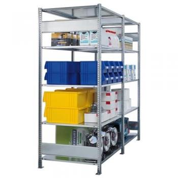 Mise en rayon MULTIplus 250 – structure boutloos, dimensions 3000 × 1300 × 600 mm, 7 niveaux de stockage, finition bleu gentiane galvanisée